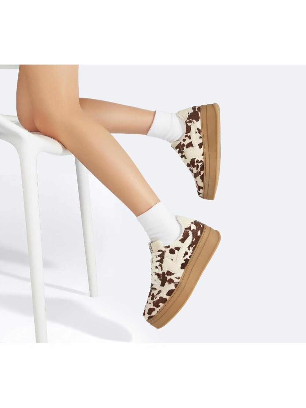 Women's Brown Cow Print Suede Genuine Leather Walking Platform Fashion Sneakers - Picture 7 of 7
